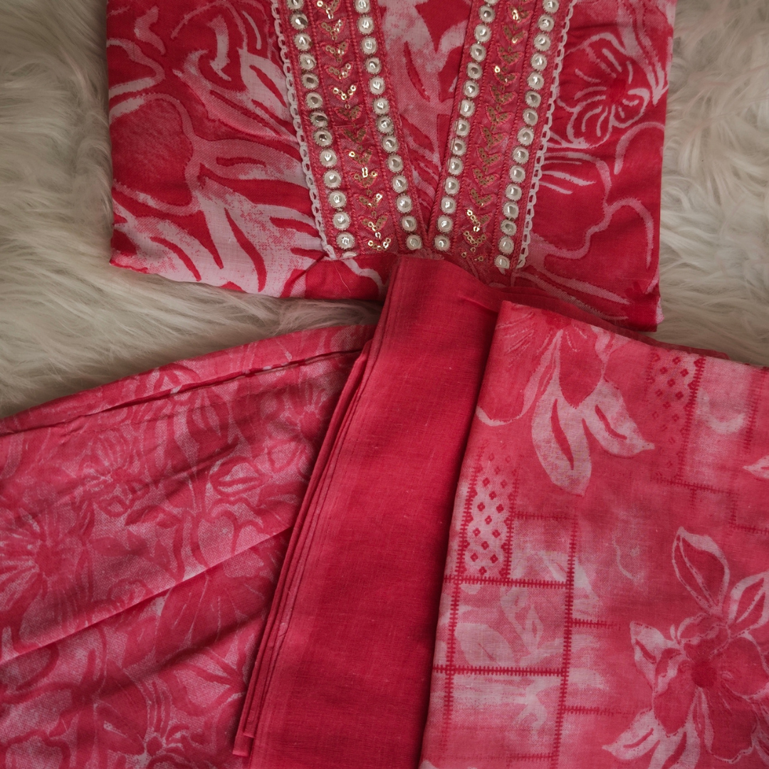 Pink Cotton Suit Set with Mirror Work & Embroidery (3 Piece) - Image 4