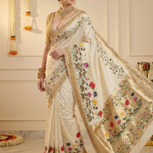 Cream Soft Silk Paithani Saree with Floral Zari Border