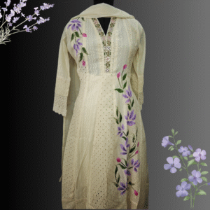 Ivory Hand-Painted Mul Cotton Suit Set with Floral Design