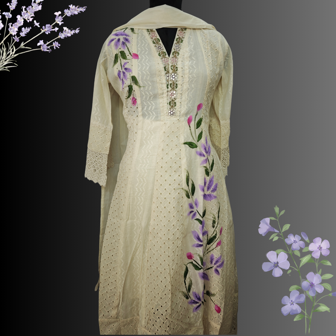 Ivory Hand-Painted Mul Cotton Suit Set with Floral Design