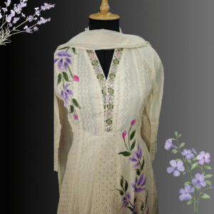 Ivory Hand-Painted Mul Cotton Suit Set with Floral Design