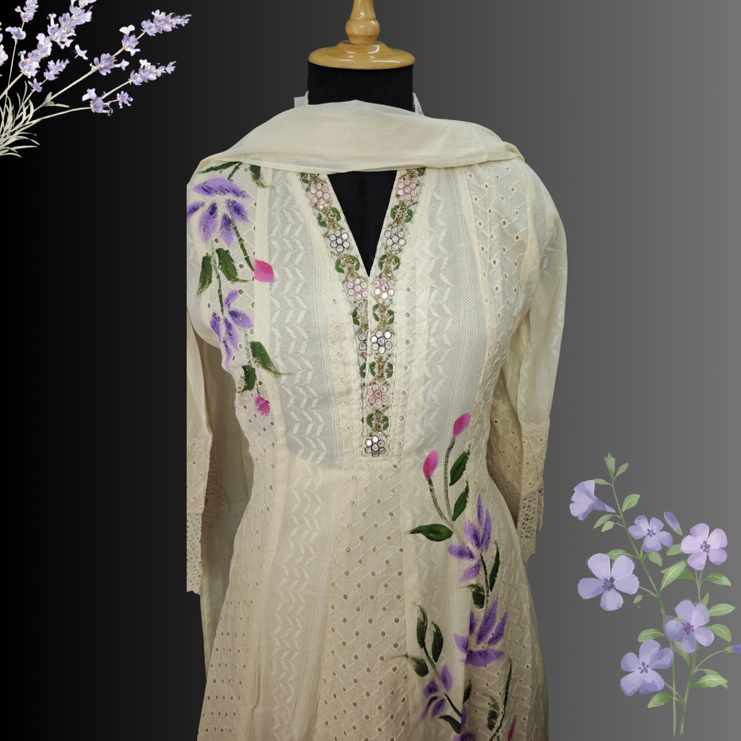 Ivory Hand-Painted Mul Cotton Suit Set with Floral Design - Image 2