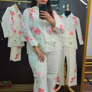 Off White Mul Cotton Coord Set with Pink Floral Print