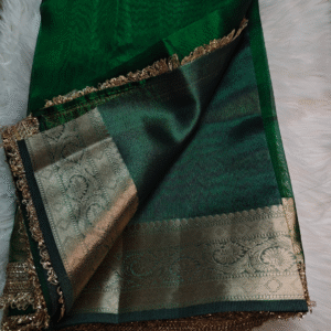 Emerald Green Organza Tissue Saree with Rich Zari Border