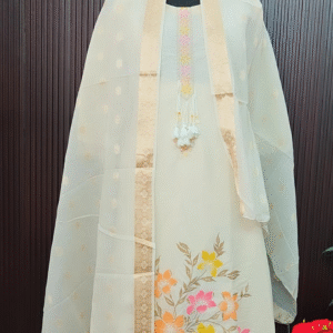 Cream Mul Cotton Suit Set with Hand Paint & Embroidery