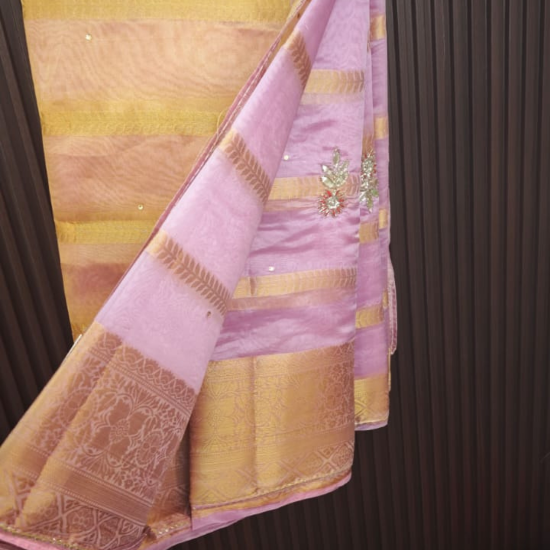 Peach Pink Organza Saree with Zari Checks & Handwork - Image 3