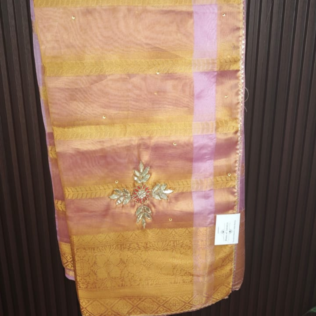 Peach Pink Organza Saree with Zari Checks & Handwork - Image 4