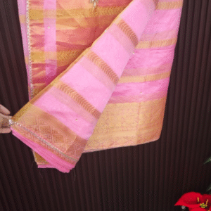 Peach Pink Organza Saree with Zari Checks & Handwork