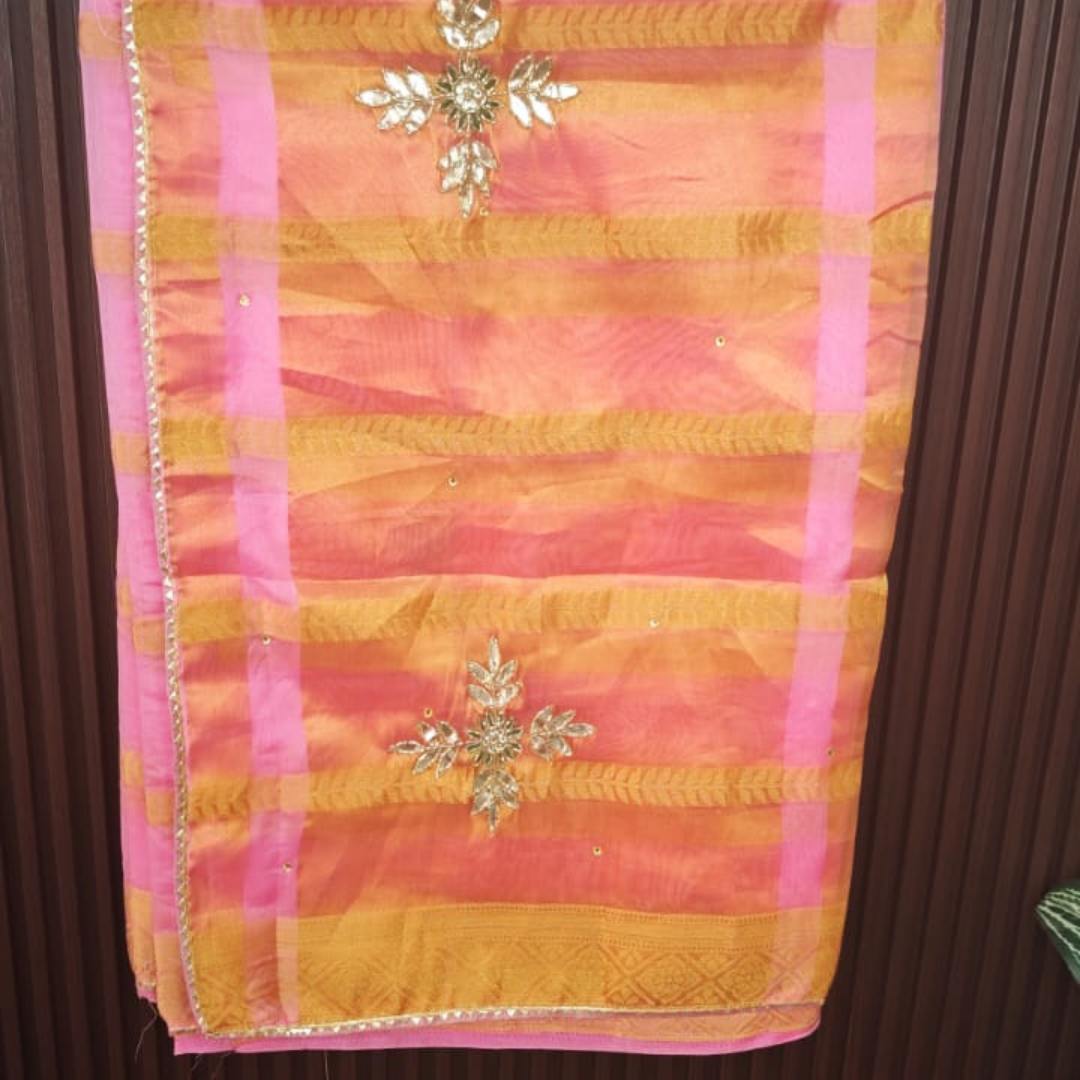 Peach Pink Organza Saree with Zari Checks & Handwork