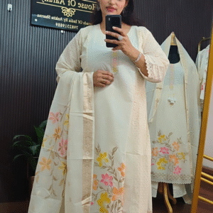 Cream Mul Cotton Suit Set with Hand Paint & Embroidery