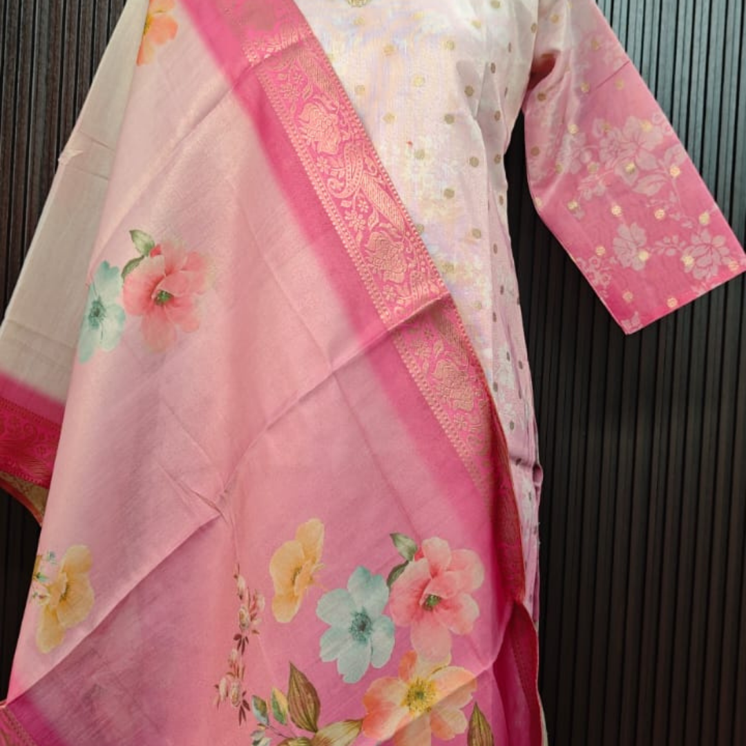 Baby Pink Ombre Silk Suit Set with Digital Print Dupatta - Image 4