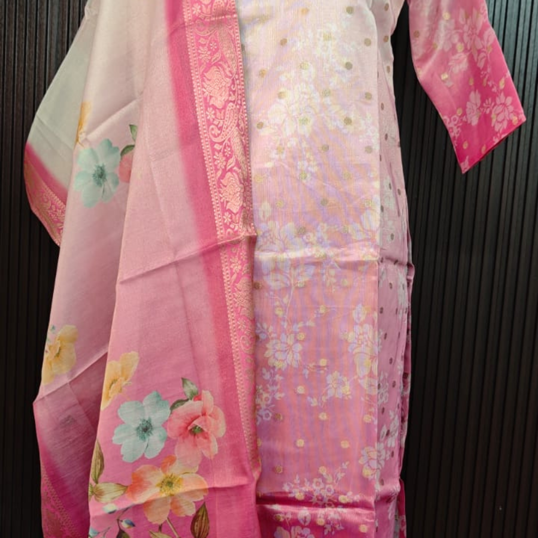 Baby Pink Ombre Silk Suit Set with Digital Print Dupatta - Image 3