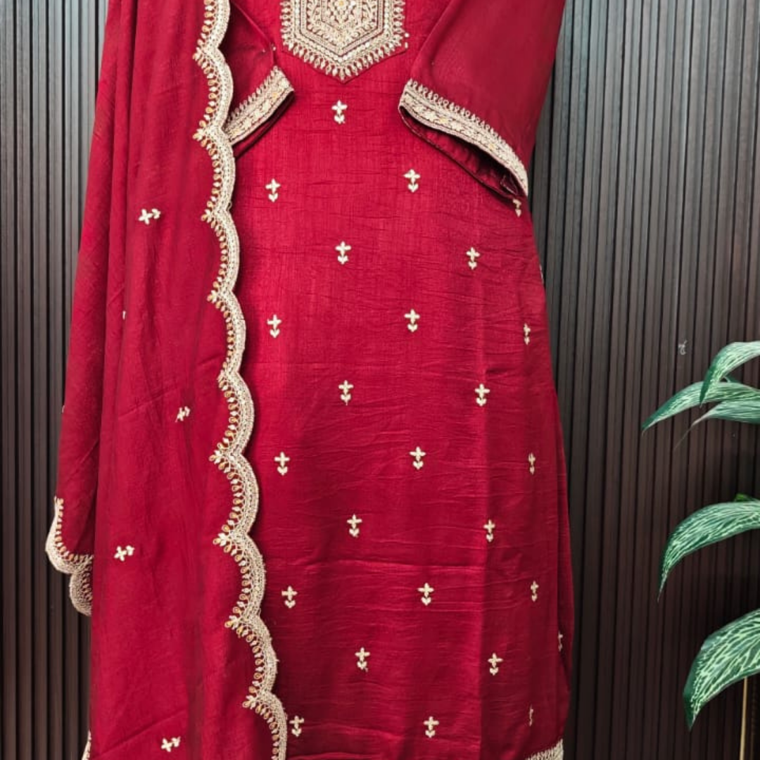Maroon Party Wear Silk Suit with Full Embroidery & Dupatta - Image 2