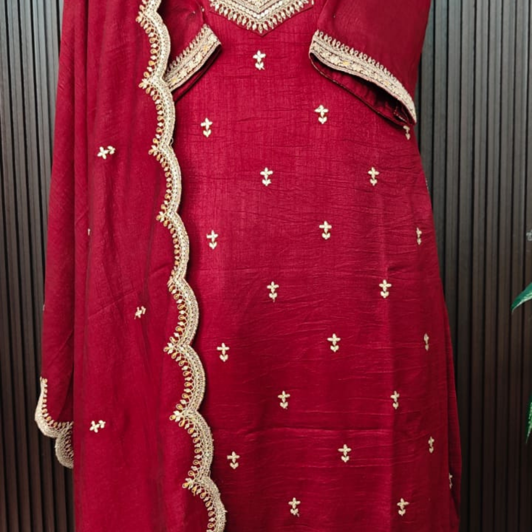 Maroon Party Wear Silk Suit with Full Embroidery & Dupatta - Image 3