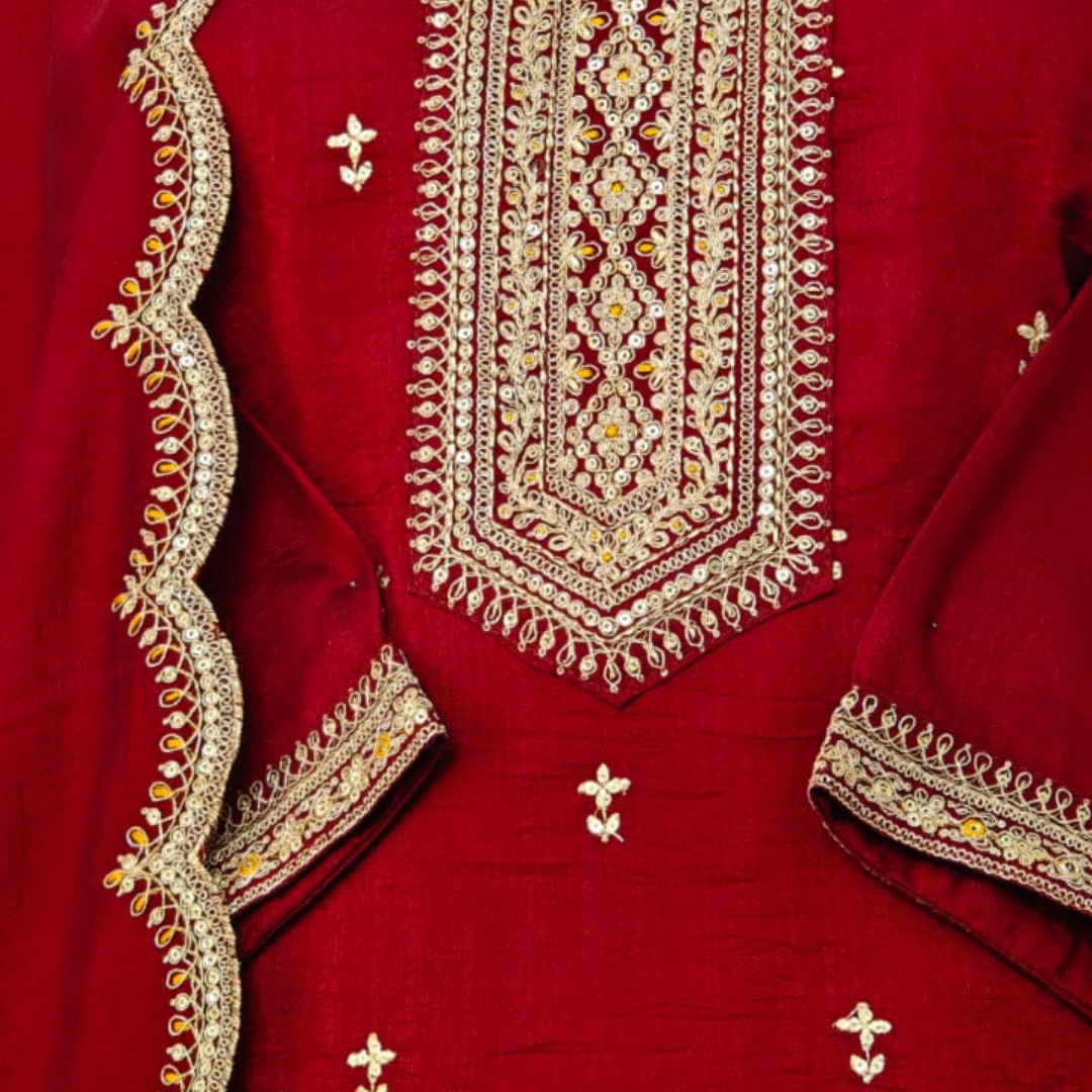 Maroon Party Wear Silk Suit with Full Embroidery & Dupatta - Image 4