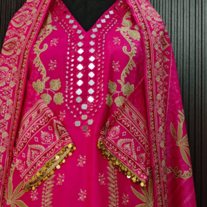 Rani Pink Silk Suit Set with Real Mirror Work (3 Piece)