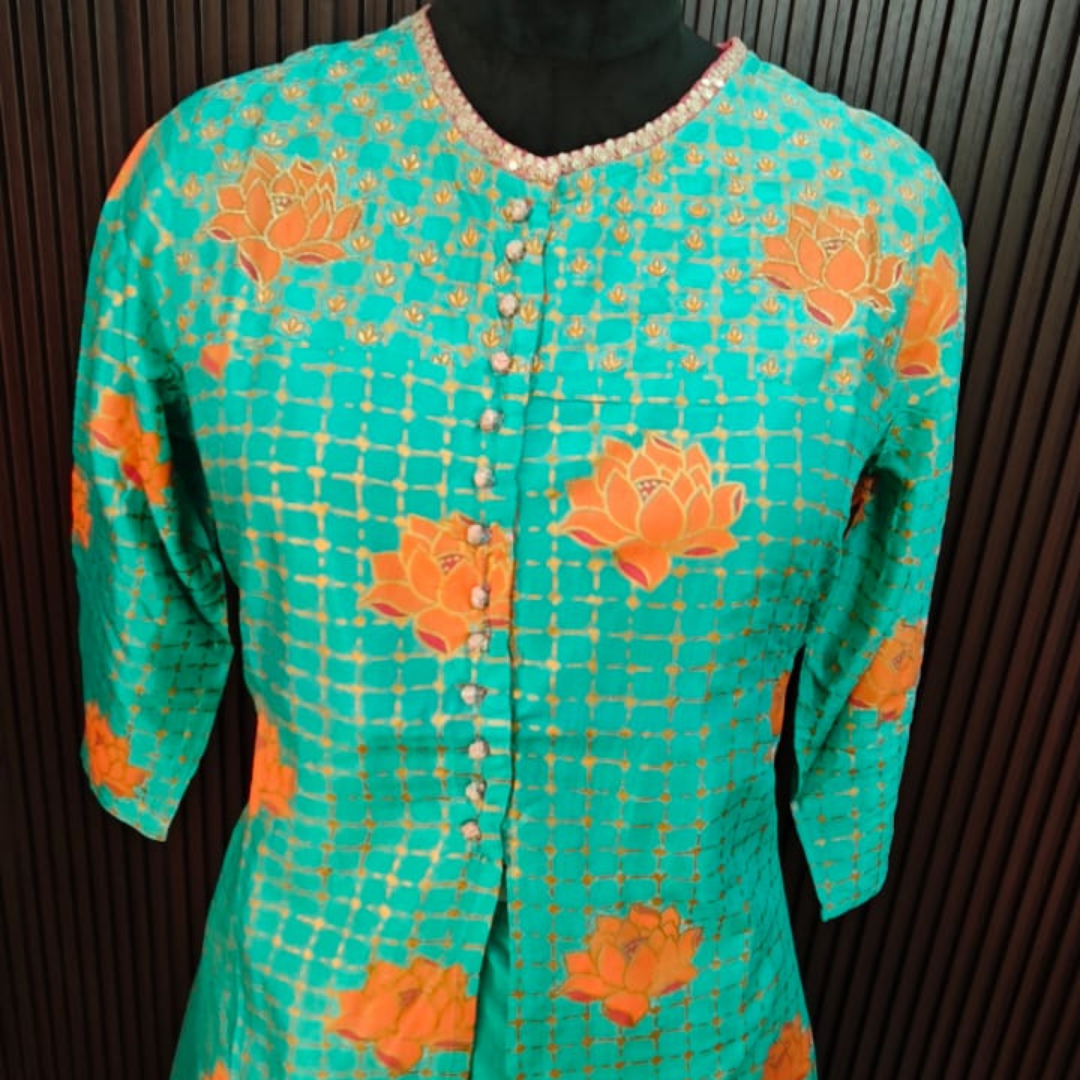 Teal Cotton Co-Ord Set with Floral Print (2 Piece) - Image 2