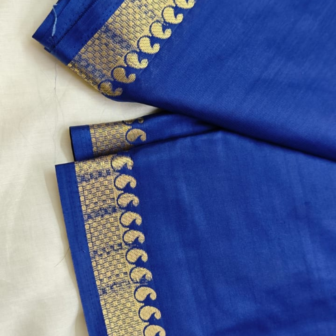 Royal Blue Mysore Crepe Silk Saree with Zari Border - Image 2