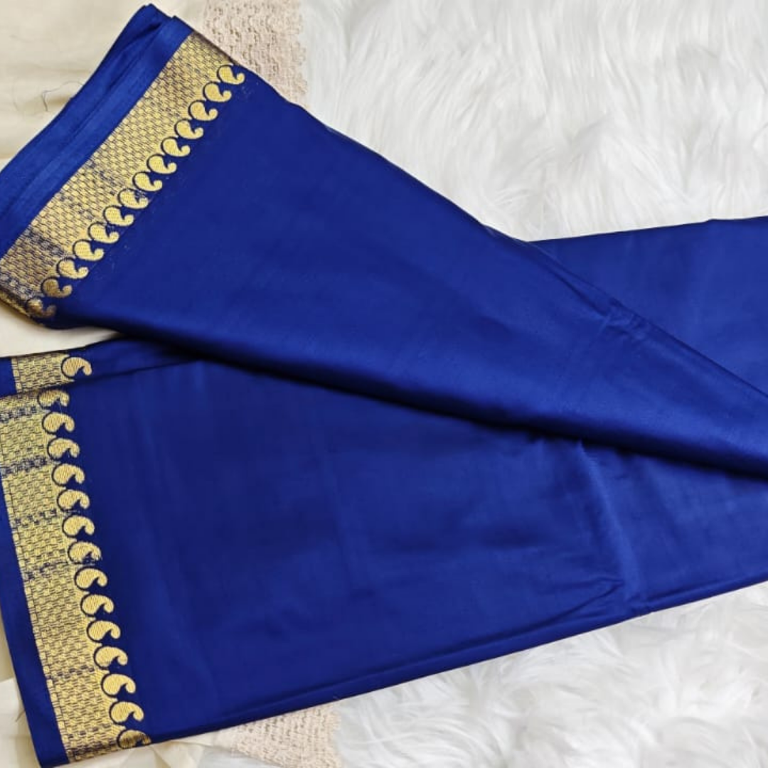 Royal Blue Mysore Crepe Silk Saree with Zari Border - Image 3