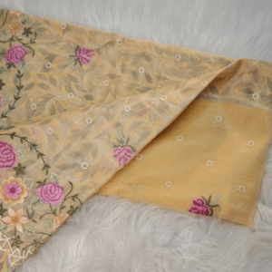 Golden Tissue Cotton Saree with Floral Embroidery