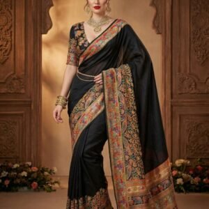Black Pure Pashmina Soft Silk Saree with Zari Weaving