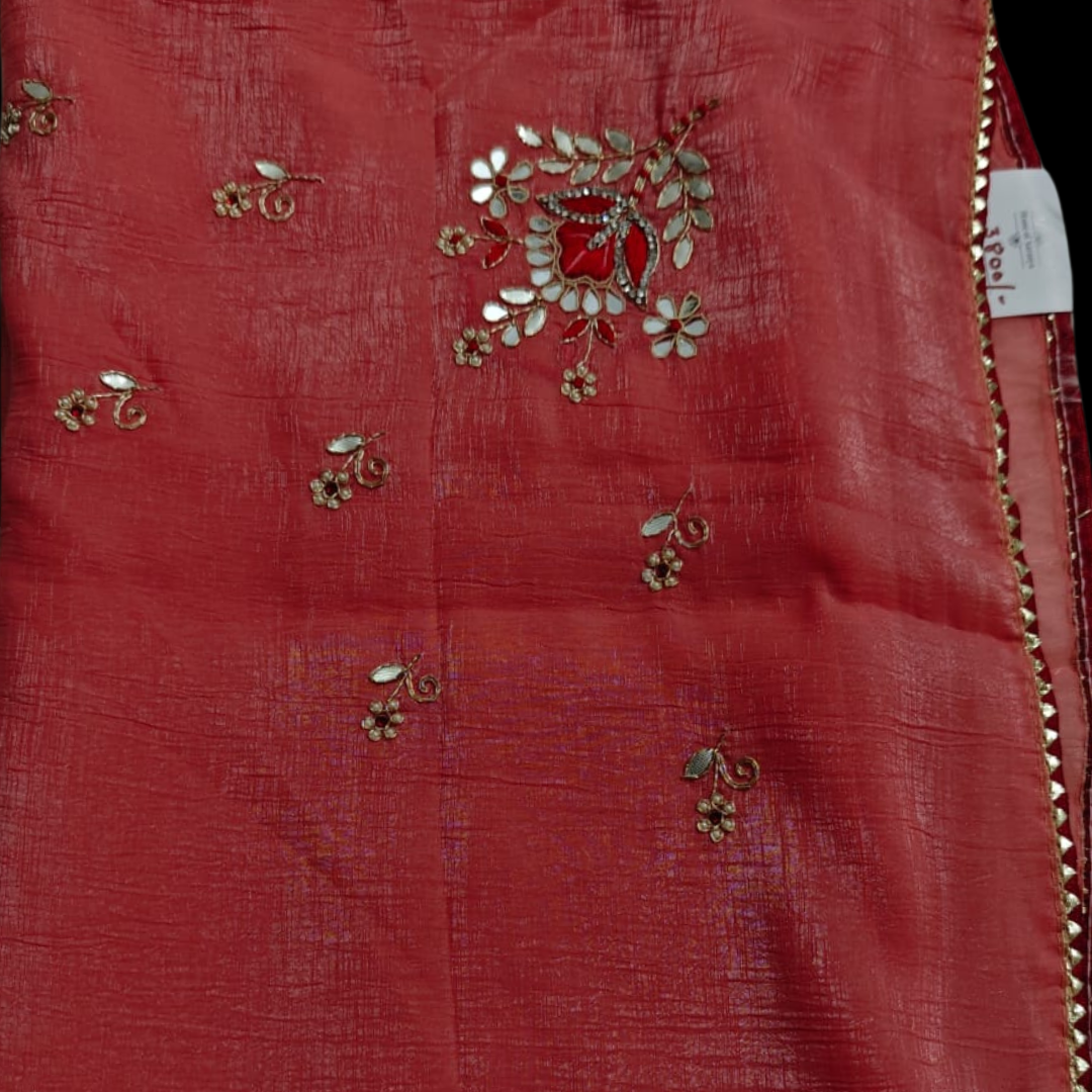 Peach Soft Organza Saree with Mirror & Embroidery Work