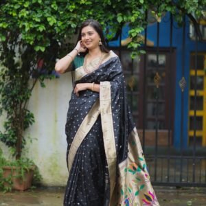 Black Paithani Soft Silk Saree with Zari Border & Floral Pallu