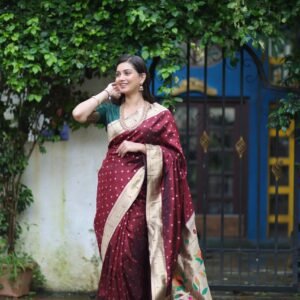 Maroon Paithani Soft Silk Saree with Floral Pallu & Motifs