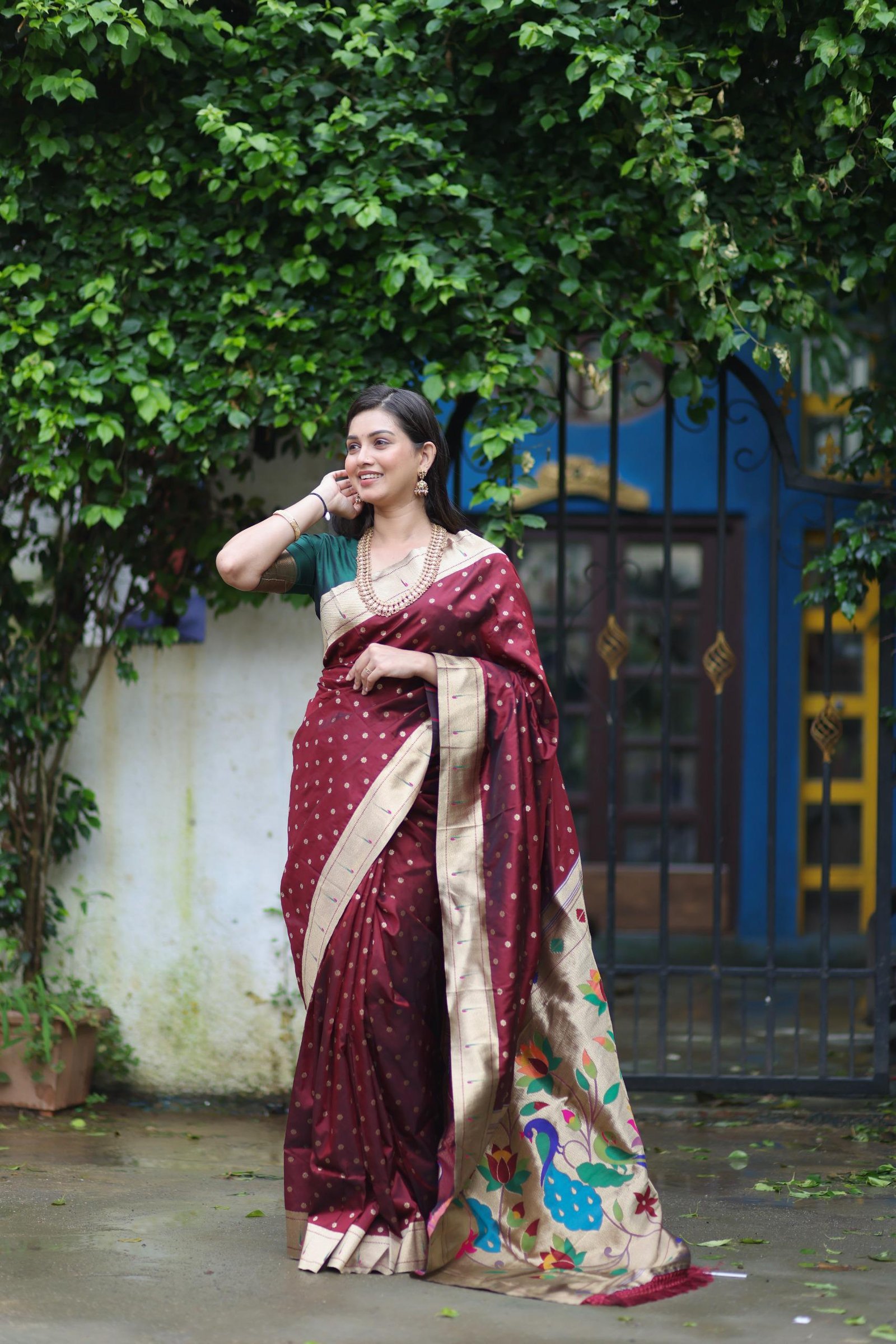 Maroon Paithani Soft Silk Saree with Floral Pallu & Motifs