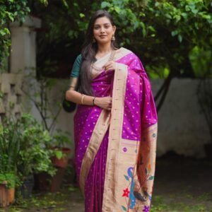 Rani Pink Paithani Soft Silk Saree with Zari Border & Peacock Pallu