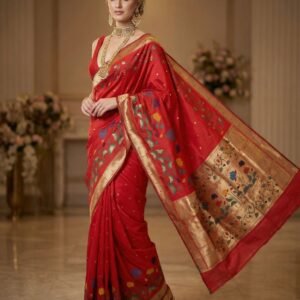 Red Paithani Soft Silk Saree with Floral Pallu & Zari Border