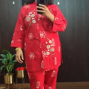 Red Cotton Co-ord Set with Floral Embroidery Work