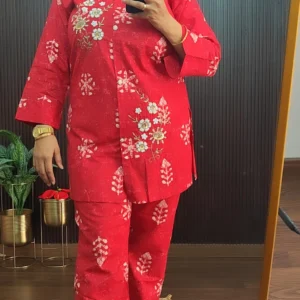 Red Cotton Co-ord Set with Floral Embroidery Work