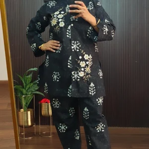 Black Cotton Co-ord Set with Floral Embroidery Work