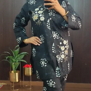 Black Cotton Co-ord Set with Floral Embroidery Work