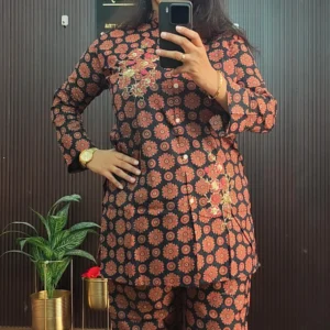 Black Printed Cotton Kurta Set with Floral Embroidery