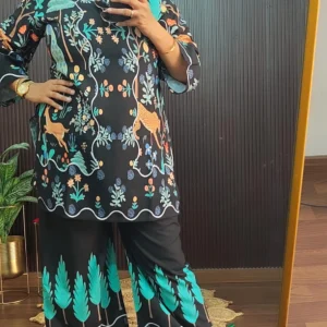 Black Printed Co-Ord Set for Women with Wide Leg Pants
