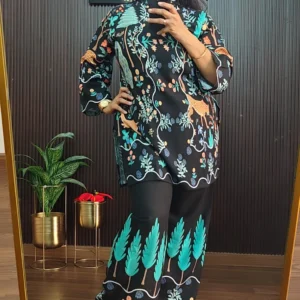 Black Printed Co-Ord Set for Women with Wide Leg Pants