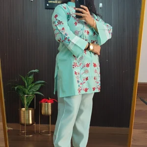 Sky Blue Cotton Co-ord Set with Floral Embroidery