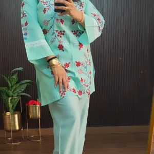 Sky Blue Cotton Co-ord Set with Floral Embroidery