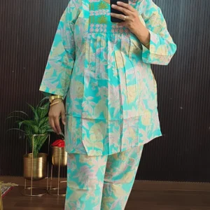 Mint Green Floral Cotton Co-ord Set for Women