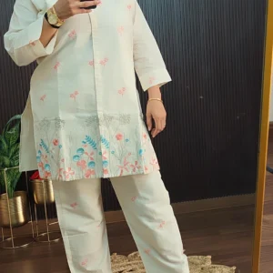 Off White Cotton Embroidered Suit Set for Women