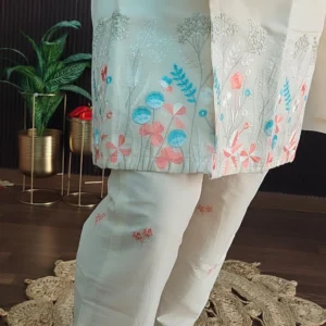 Off White Cotton Embroidered Suit Set for Women